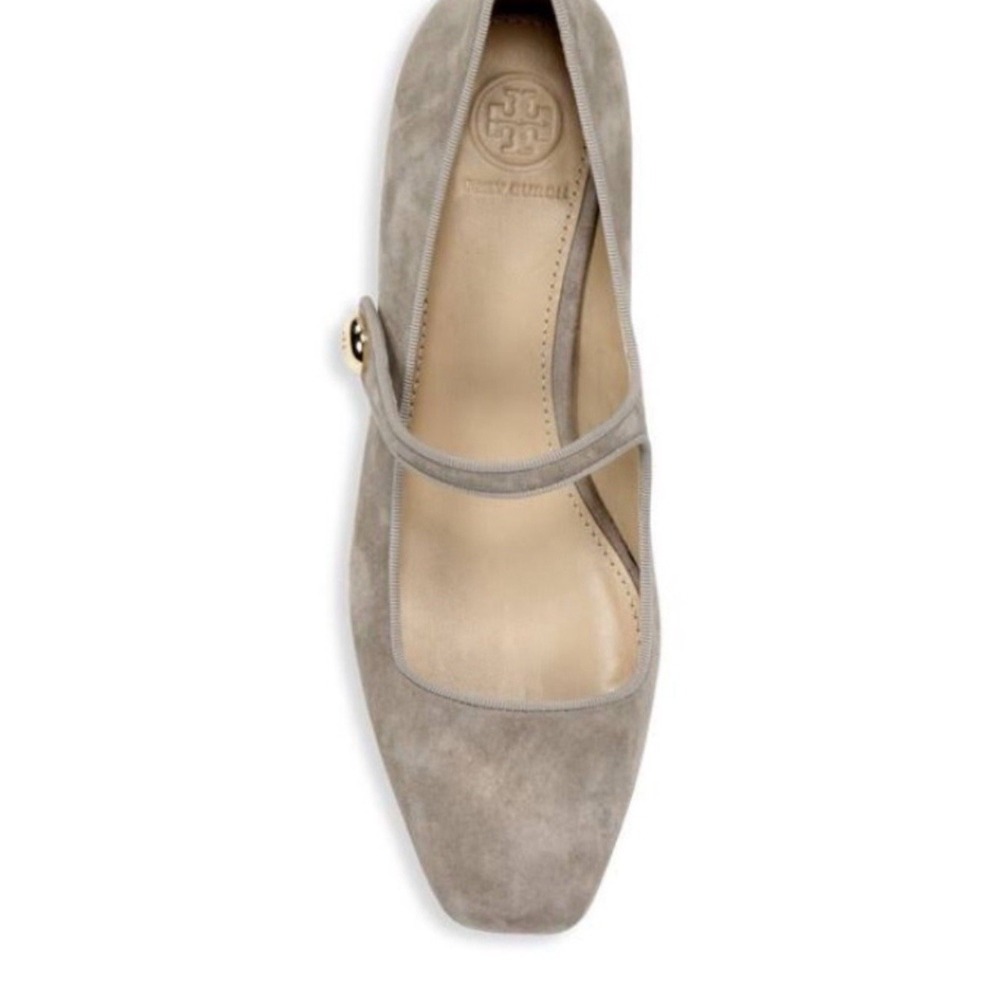 Tory Burch Marisa 40mm Mary Jane Pump in Grey Suede Strap Gold Accent Sz-7 298$ - Picture 2 of 11